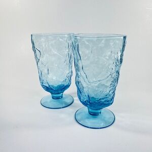 Seneca Driftwood Peacock Blue Water Goblets Set‎ 2 Textured Glass 1980